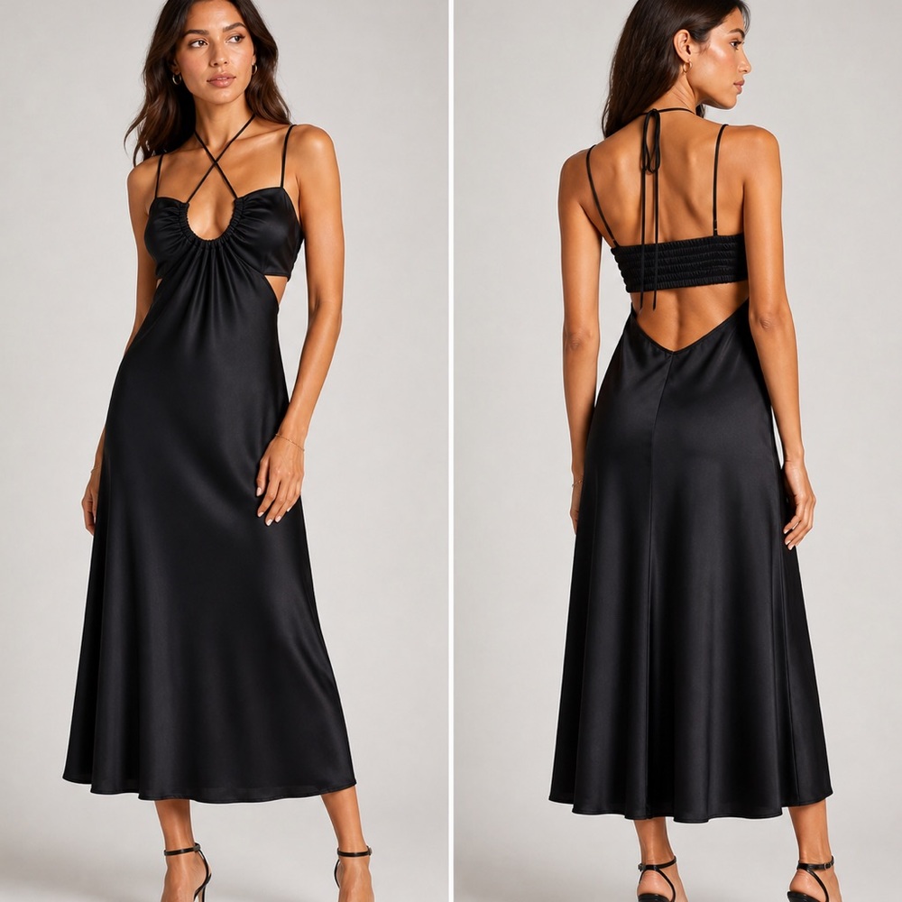 A.L.C. Sienna Halter Neck Satin Midi Dress Black Open Back